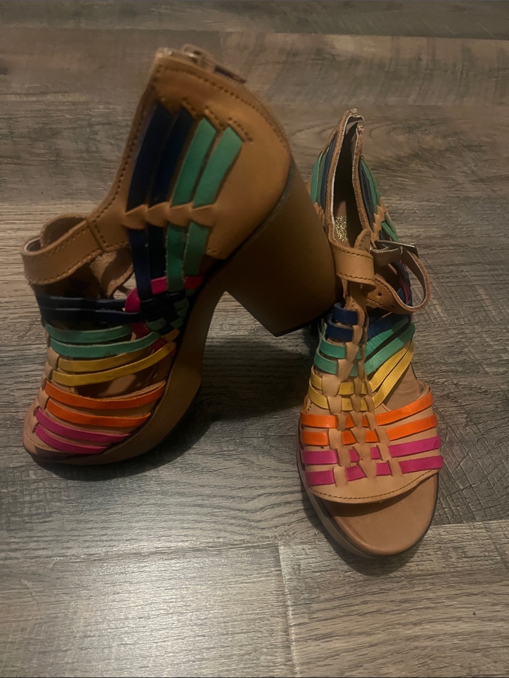 Tan Multicolor Strappy Block Heel Sandals